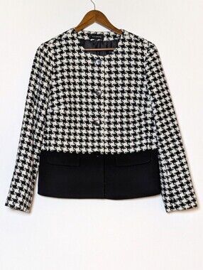 Talbots Blazer Jacket‎ Black White Herringbone Wool Blend Size 12 Collarless